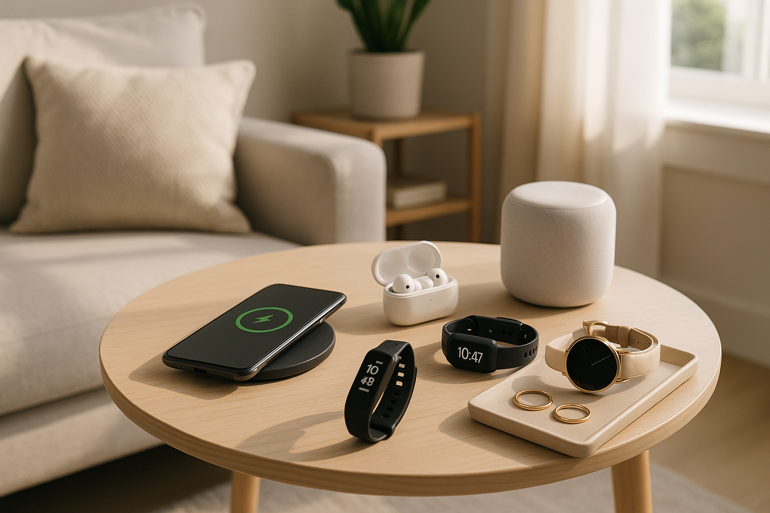 "Create a bright, inviting lifestyle shot that integrates tech, home, fitness, and jewelry products naturally into a single scene. The vibe should be modern, smart, and accessible."
