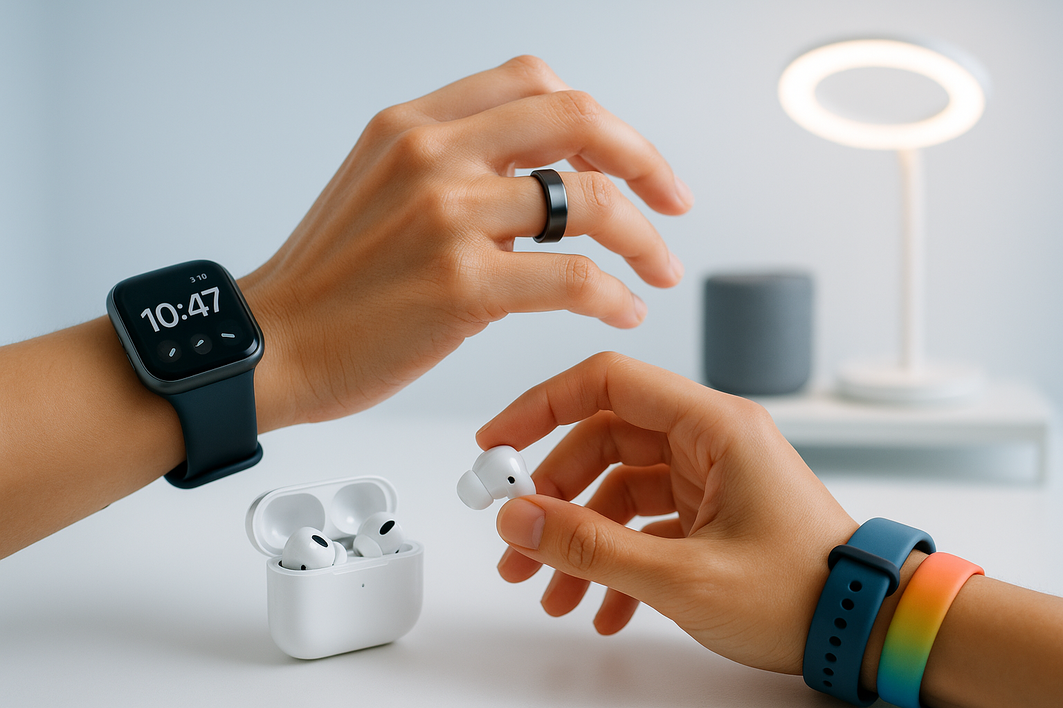 Create a dynamic composition focused on a person's hands interacting with multiple products. The background should be a soft, blurred gradient (e.g., light blue to white). The hands should be central, actively engaging with items from all our categories:
One hand is adjusting a smart ring.
The other wrist wears both a smartwatch and a fitness tracker.
One hand is reaching for a pair of wireless earbuds.
In the background, slightly out of focus, a smart home speaker and a LED lamp are visible on a shelf.
